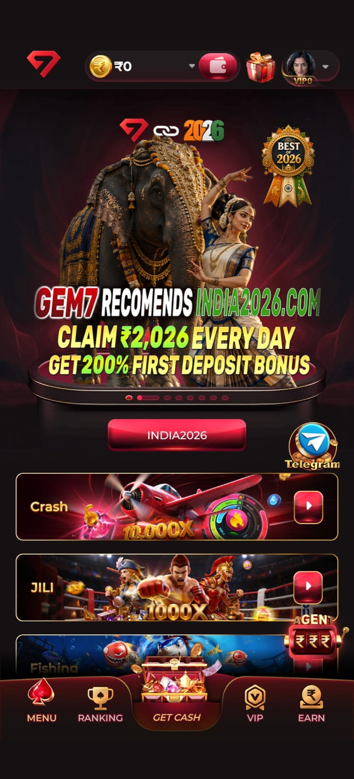 Gem7 Game home screen featuring Crash, JILI, Fishing games, 200% first deposit bonus, and daily reward offers.