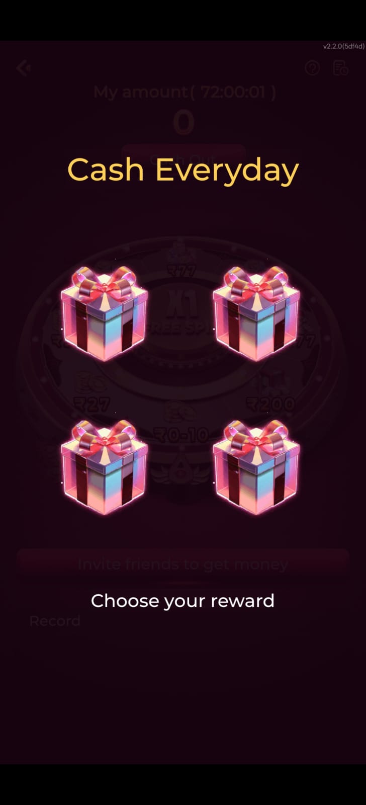 Gem7 Game Cash Everyday reward screen with four gift boxes to choose daily bonus rewards.